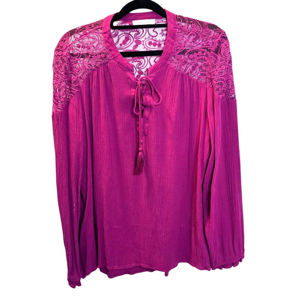 John Paul Richard Lace Yoke Peasant Top Burgundy Crinkle Rayon Tie Neck L